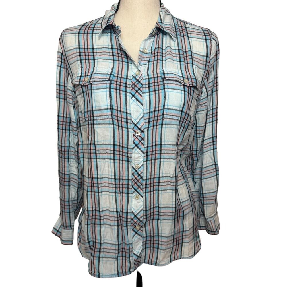 Talbots Tops Women's Large Petites‎ Plaid Long Sleeve Collar Blouse Blue/Pink